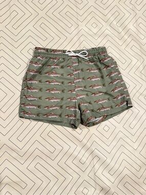 Blue Rooster Green Fish-Print Swim Trunks